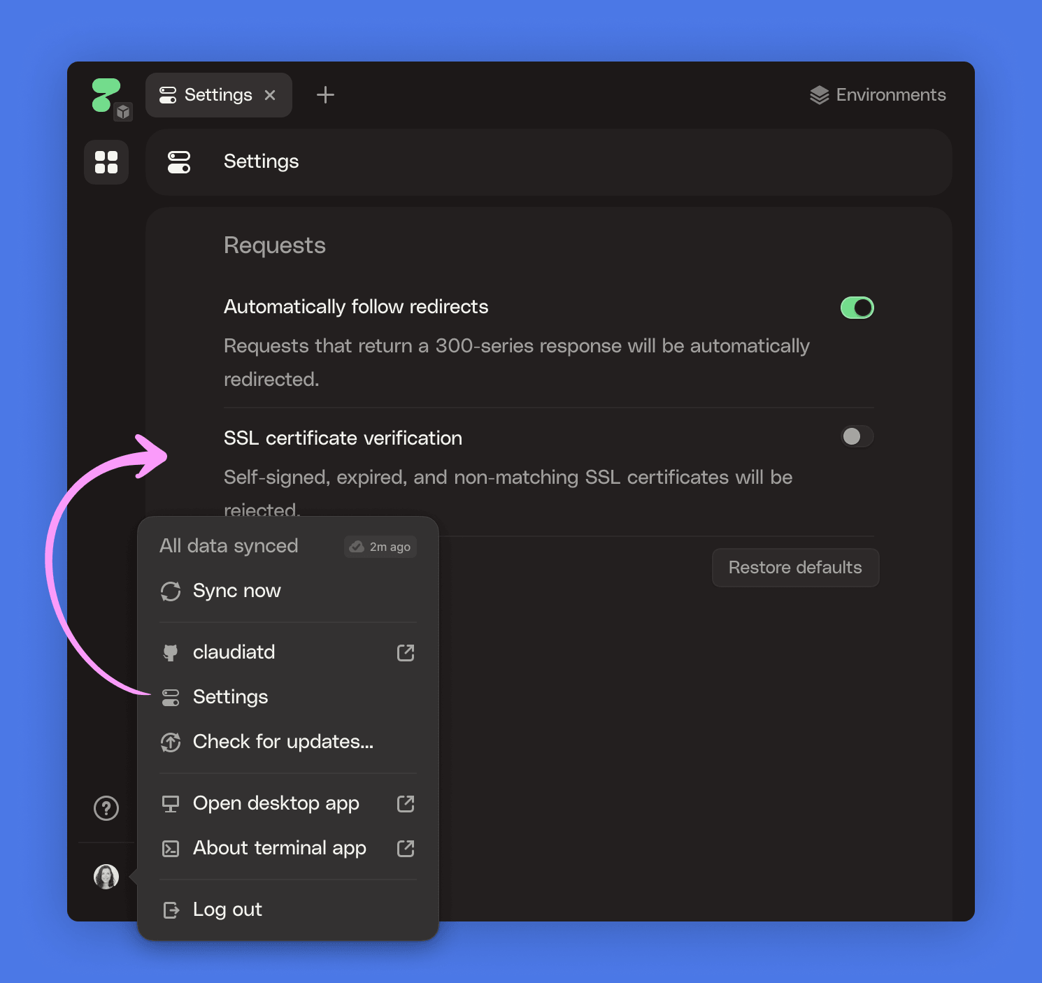 Turn off SSL verification in settings