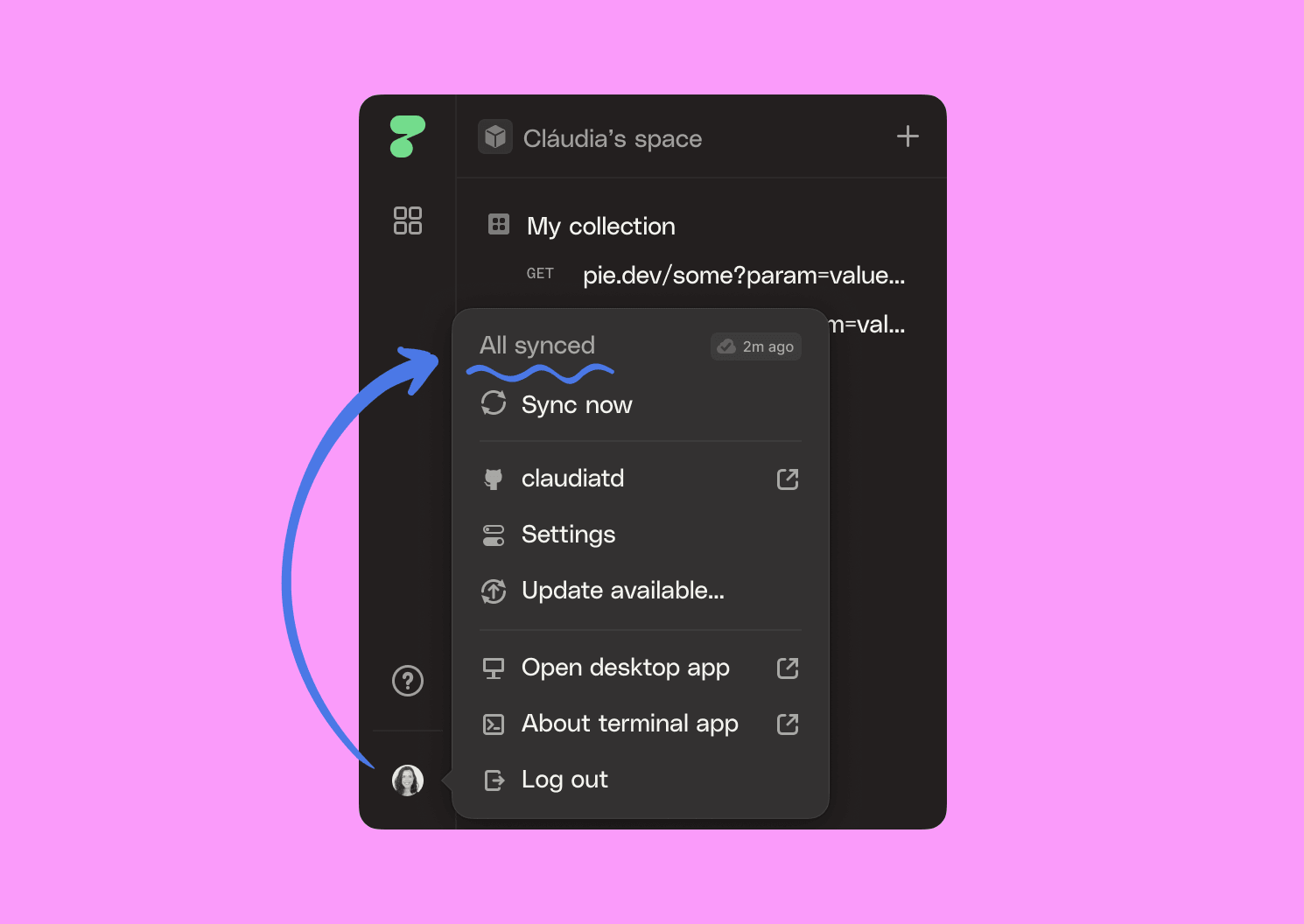 Real-time sync status is shown in the account menu